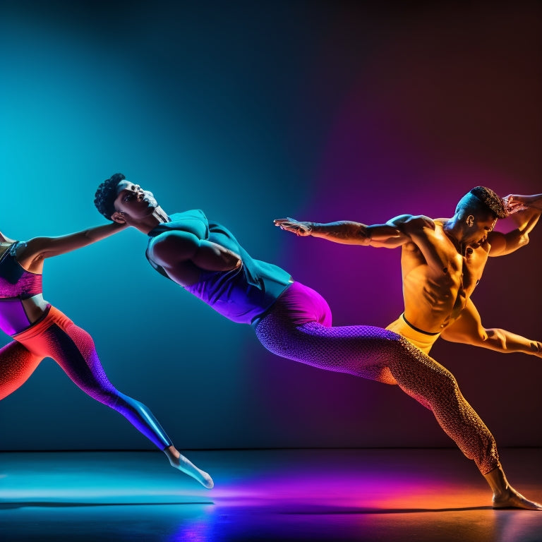 A photography-inspired illustration depicting two dancers, one male and one female, in a studio, performing dynamic warm-up exercises together, with blurred motion lines and vibrant colors, against a dark background.