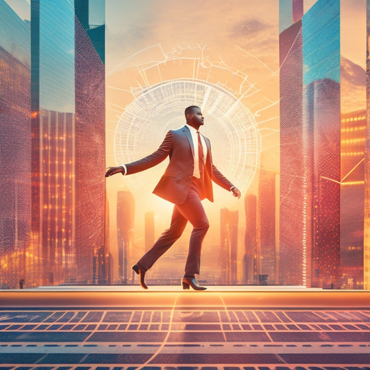 A stylized illustration of a dancing entrepreneur standing in front of a cityscape at sunset, surrounded by swirling dance steps and arrows, with a subtle grid pattern in the background.