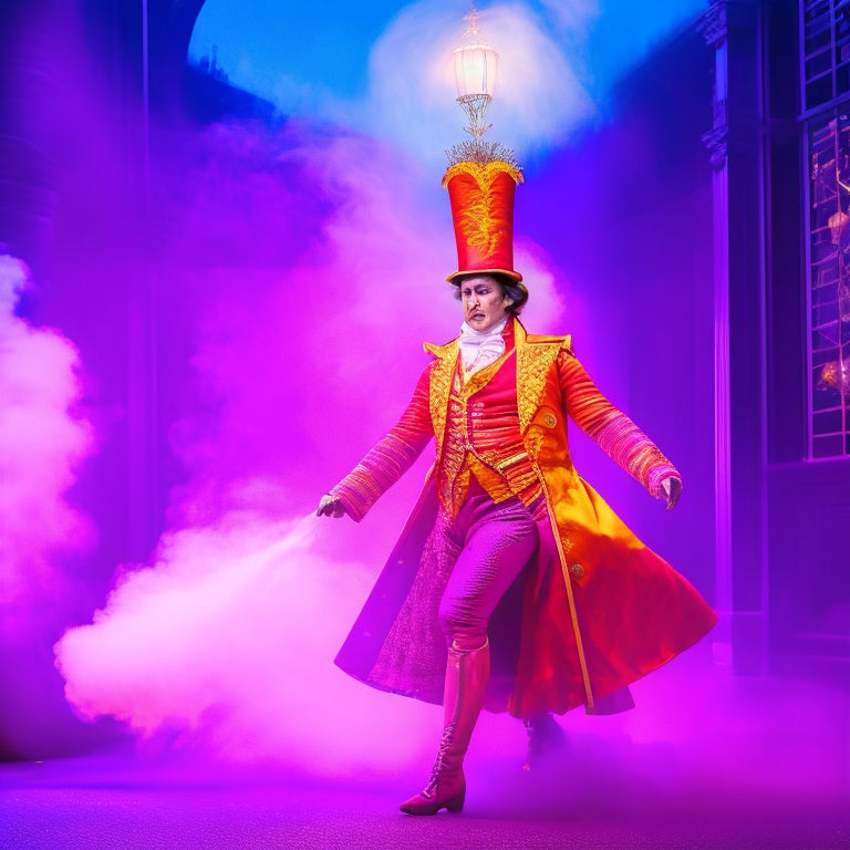 A flamboyant Bentham, dressed in a vibrant orange and pink costume, stands confidently with one leg bent and an arm akimbo, surrounded by swirling smoke and mirrors, with a sly, mischievous glint in his eye.