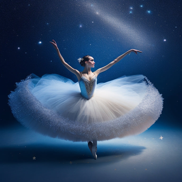 A whimsical, delicate illustration of a ballet dancer in a flowing, layered tutu, surrounded by sparkling stars, moons, and subtle, shimmering glitter accents, set against a soft, pale blue background.