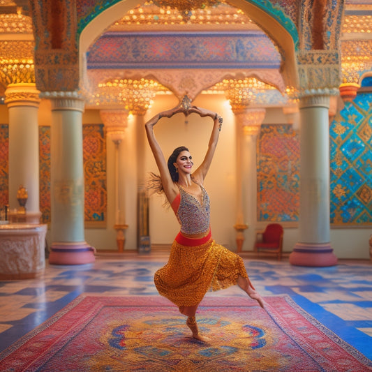 A vibrant, golden-lit dance studio with a beautiful, smiling Arabesque dancer in mid-pose, surrounded by intricately patterned Middle Eastern tiles and colorful fabrics, with a subtle cityscape outside.