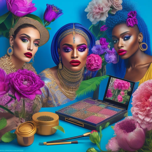 A vibrant, colorful illustration featuring a laptop with a mirror reflection of a diverse group of women, each with unique, bold makeup looks, surrounded by makeup brushes, palettes, and flowers.