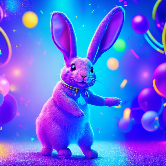 A colorful illustration of a cartoon bunny wearing a pair of trendy, neon-lit headphones and a vibrant, sparkly outfit, dancing on a Twitch-themed disco floor amidst confetti and balloons.