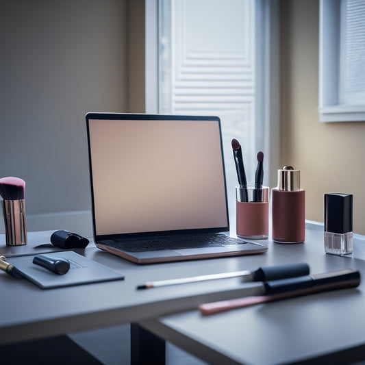 A minimalist, modern desk with a laptop, smartphone, and tablet, surrounded by scattered makeup brushes, lipsticks, and eyeshadows, with a blurred dance studio background.