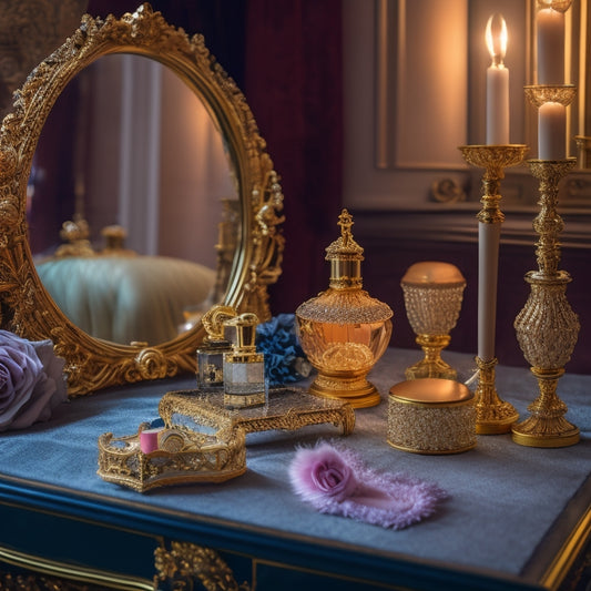 A luxurious, velvet-draped vanity table, adorned with crystal perfume bottles, antique brushes, and a majestic, ornate mirror, surrounded by a halo of soft, golden light, spotlighting a stunning, made-up face.