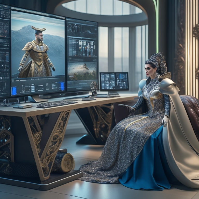 A futuristic, high-tech workstation with a large, curved screen displaying a 3D model of a fantastical, ornate costume, surrounded by virtual fabric swatches and design tools.