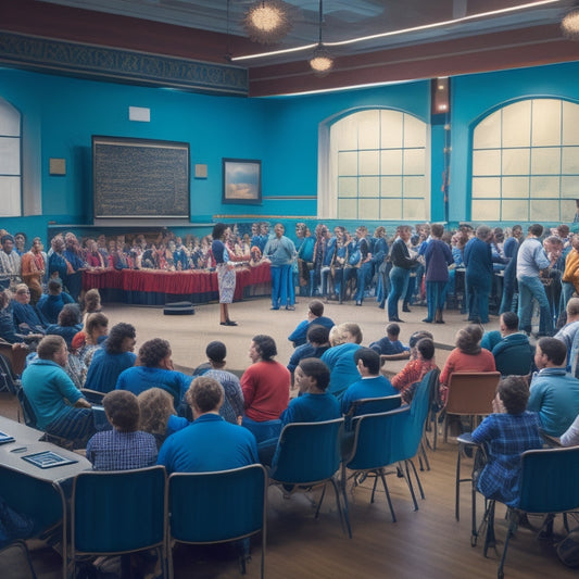 A vibrant illustration of a bustling theatre classroom, with students of diverse ages and abilities engaging in various activities, such as rehearsing lines, dancing, or constructing set pieces.