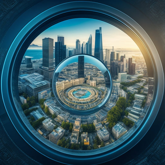 A large, circular diagram with interconnected gears, a cityscape in the background, and a magnifying glass in the center, surrounded by icons of business, finance, and technology.