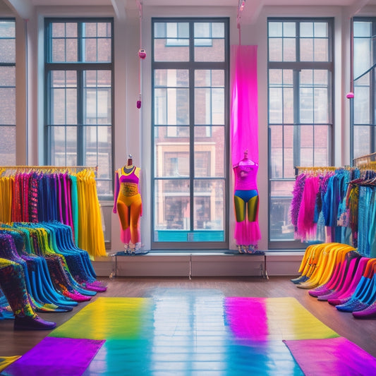 A vibrant dance studio filled with colorful Adidas dancewear hanging on a rack, featuring stylish leggings, crop tops, and shoes, with mirrors reflecting energetic poses and soft natural light streaming through large windows.