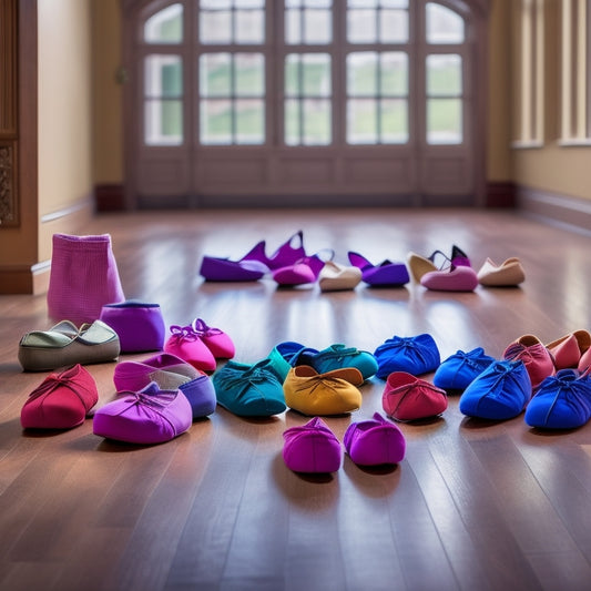 A vibrant array of stylish dance shoe bags in various sizes and colors, elegantly arranged on a wooden floor, with ballet slippers, jazz shoes, and tap shoes peeking out, illuminated by soft, natural light.