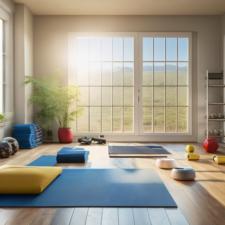 A vibrant home fitness scene featuring top-rated foldable workout mats in various colors and textures, neatly arranged on a polished wooden floor, with natural light streaming through large windows and fitness accessories nearby.