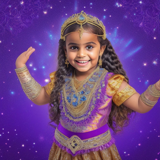 A colorful illustration of a smiling young girl, around 8-10 years old, wearing a sparkly belly dance costume, standing in front of a bright purple background with golden accents, surrounded by swirling Arabic patterns and belly dance props.