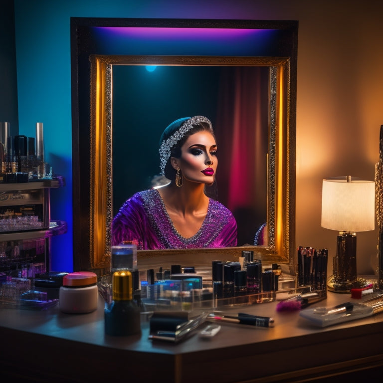 A glamorous, dimly lit makeup station with a dancer's face in the mirror, surrounded by brushes, palettes, and colorful cosmetics, with a subtle spotlight shining on the makeup artistry tools.