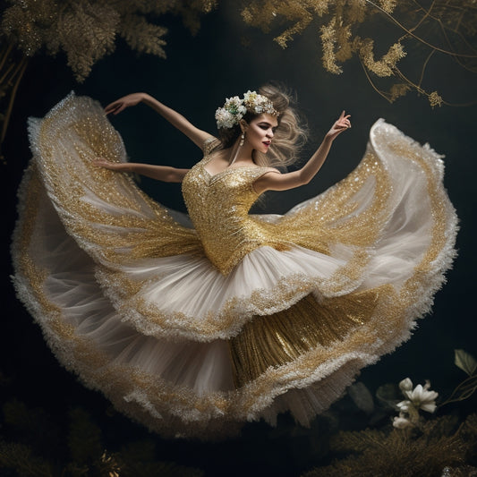 A whimsical illustration of a dancer in mid-pirouette, surrounded by swirling threads of glittering silver and gold, with delicate flowers and leaves embroidered on her flowing skirt.