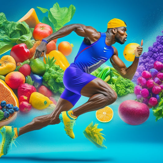 A vibrant, high-energy illustration depicting a professional athlete in motion, surrounded by colorful fruits, vegetables, and whole grains, with dynamic shapes and bold lines conveying energy and movement.