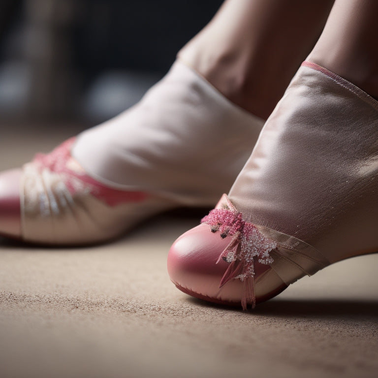 A close-up of a ballet dancer's feet in pointe shoes, with visible blisters, redness, and toenails crushed against the shoe, surrounded by scattered toe pads and bandages.