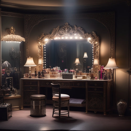 A glamorous, dimly lit dressing room with a vanity cluttered with makeup brushes, eyeshadows, and lipsticks, surrounded by spotlights, dance costumes, and a mirror reflecting a dancer's face with flawless, stage-ready makeup.