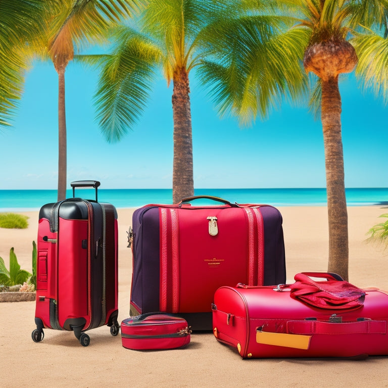 An elegant display of various stylish travel luggage pieces, including a sleek black suitcase, a vibrant red duffel bag, and a chic carry-on, all set against a backdrop of a tropical beach with palm trees.