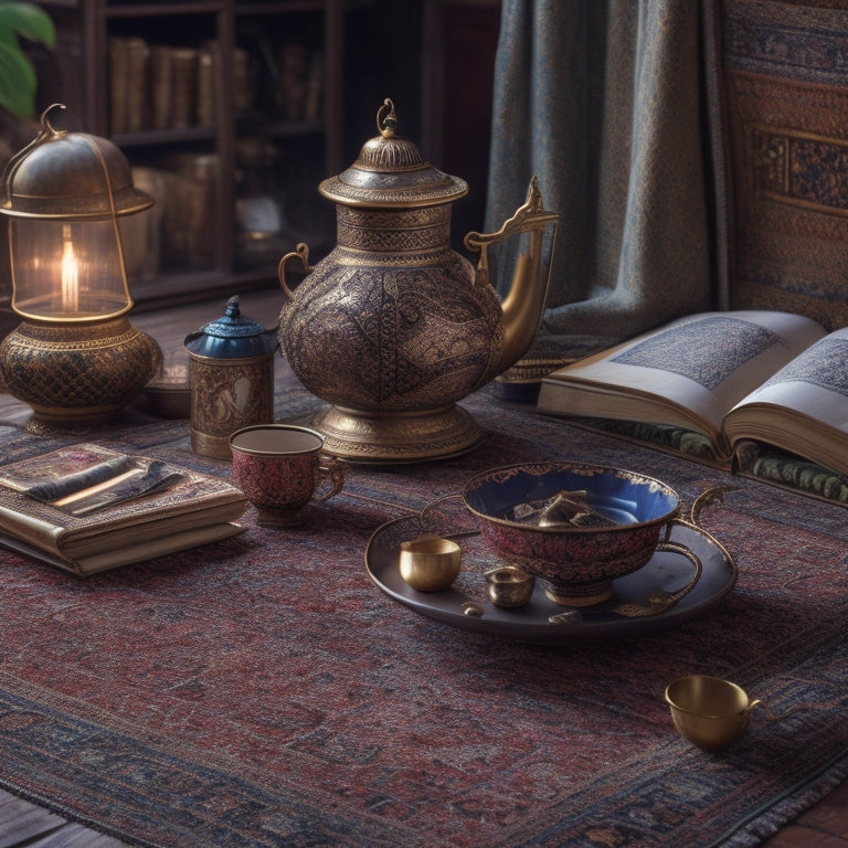 A warm, golden-lit study with intricately patterned Middle Eastern rugs, scattered with ancient tomes, lanterns, and a laptop open to an online course platform, surrounded by curious artifacts and ornate tea cups.