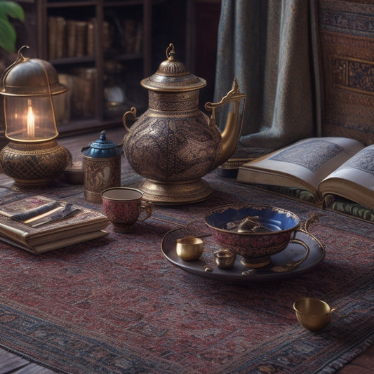 A warm, golden-lit study with intricately patterned Middle Eastern rugs, scattered with ancient tomes, lanterns, and a laptop open to an online course platform, surrounded by curious artifacts and ornate tea cups.