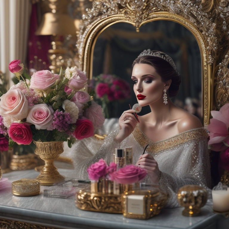 A elegant, ornate mirror reflects a bride's flawless, dewy complexion as she sits in a plush, velvet-covered chair, surrounded by makeup brushes, palettes, and a few strategically-placed flowers.
