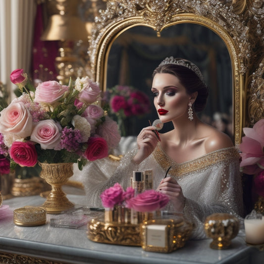 A elegant, ornate mirror reflects a bride's flawless, dewy complexion as she sits in a plush, velvet-covered chair, surrounded by makeup brushes, palettes, and a few strategically-placed flowers.