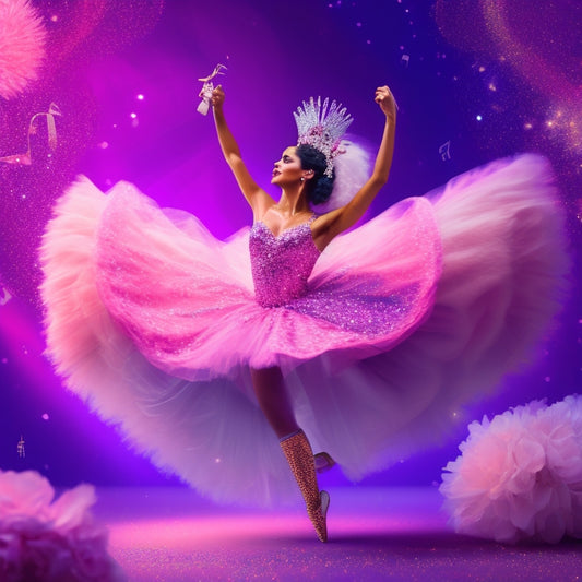 A whimsical illustration of a dancing woman, surrounded by swirling music notes and glitter, wearing a sparkly tutu and a crown, set against a pastel pink and purple ombre background.