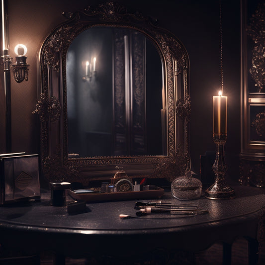 A dramatic, dimly lit background with a single, ornate vanity mirror center-focused, surrounded by an array of makeup brushes, palettes, and tools, with a subtle spotlight shining down.