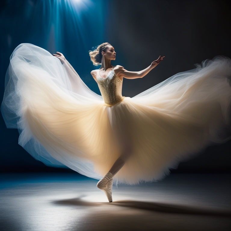 A solitary dancer, cloaked in soft, golden light, poised in mid-leap, with flowing white tutu and outstretched arms, against a dark, gradient blue background with subtle, shimmering sparks.