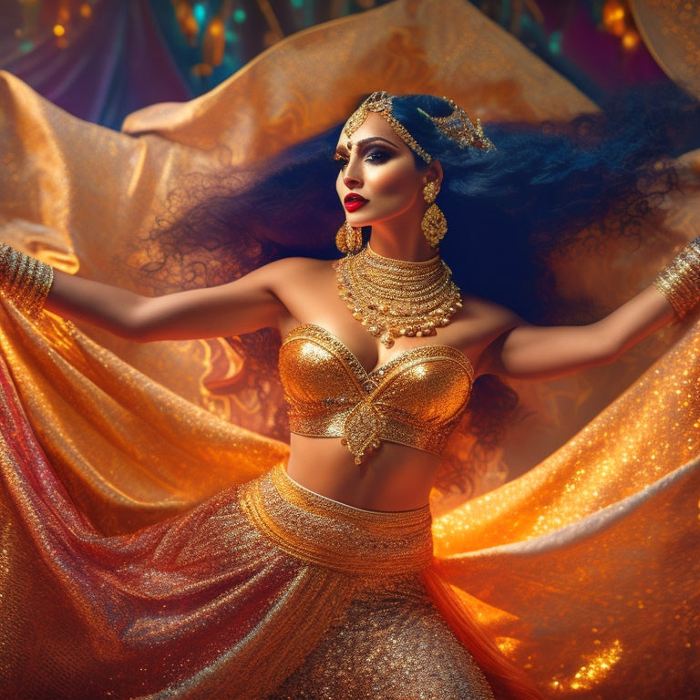 A mesmerizing illustration of a confident woman transforming into a dazzling belly dancer, surrounded by swirling fabrics, shimmering sequins, and intricate Middle Eastern patterns, set against a warm, golden background.