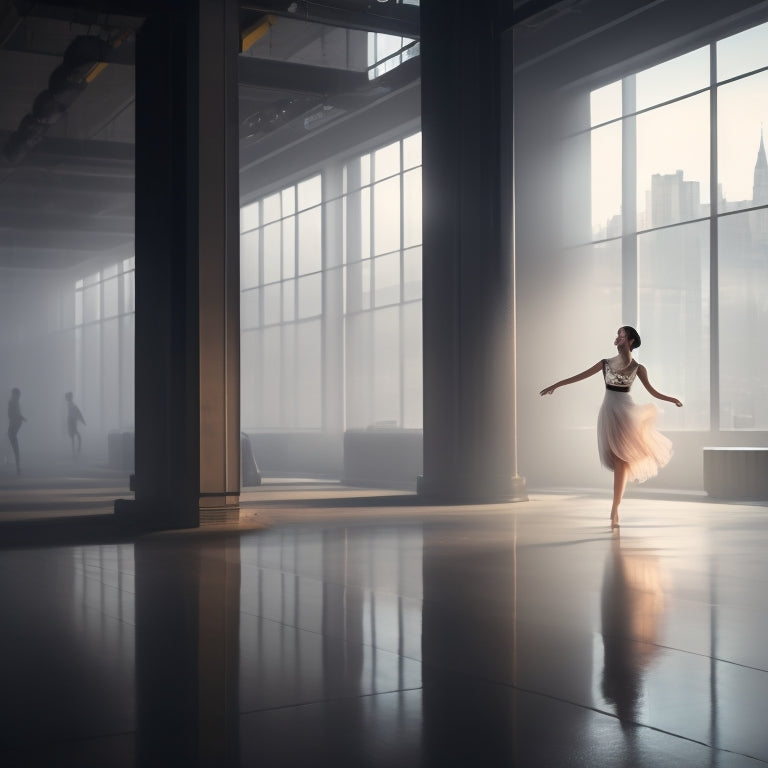 A serene, dimly lit dance studio with a lone dancer in a powerful, suspended leap, surrounded by mirrors, barres, and floor-to-ceiling windows with a subtle, foggy cityscape backdrop.