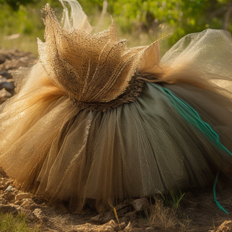 A close-up of a dance costume, specifically a tutu, covered in streaks of dirt, grass stains, and torn netting, with a few loose threads hanging loose, set against a muted, earthy background.