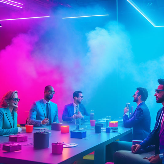 A vibrant, modern conference room with a fog machine, neon lights, and a giant Jenga game set up, surrounded by suited business professionals laughing and interacting with oversized sunglasses and colorful wigs.