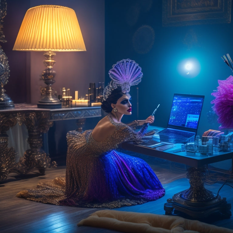 A glamorous, spotlit dancer in a flowing costume, surrounded by makeup brushes, palettes, and mirrors, with a laptop open to a tutorial in the foreground, amidst a dark, velvety background.