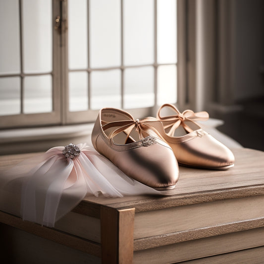 A close-up of elegant ballet slippers, perfectly tied ribbons, a graceful pointe shoe, a delicate tiara, and a sleek leotard draped over a polished wooden barre, all set against a soft, ethereal studio backdrop.