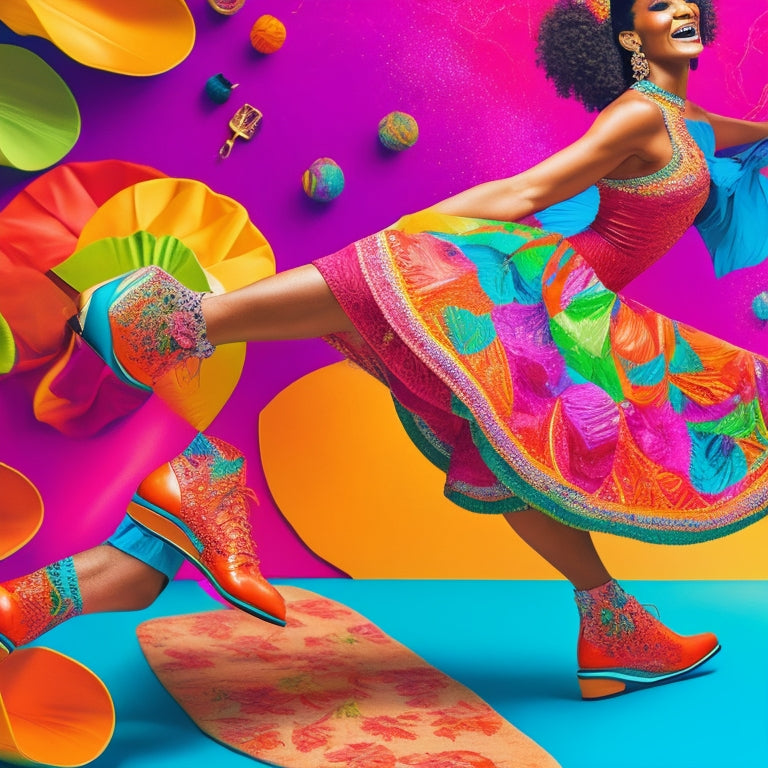 A vibrant illustration of a woman wearing flat shoes, surrounded by colorful salsa dance-inspired elements, with dynamic lines and shapes, showcasing energetic movement and joy.