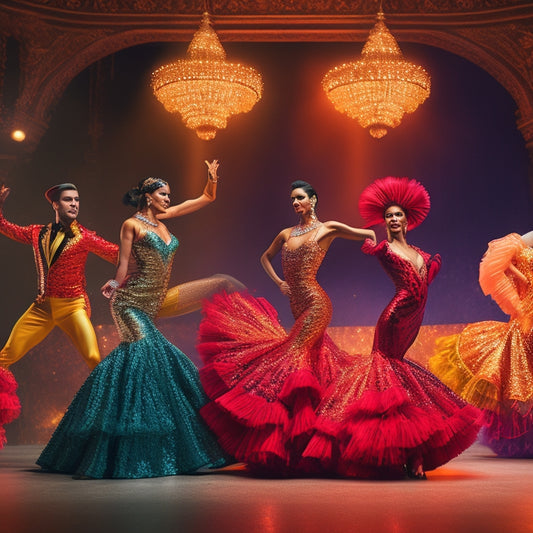 A vibrant scene featuring three Latin dance costumes: a dazzling red sequined dress with fringe, a sleek black and gold salsa outfit, and a colorful, ruffled flamenco gown, all set against a dramatic stage backdrop with spotlights.