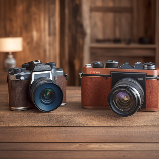 A split-screen image featuring a DSLR camera on a rustic wooden table, surrounded by 10 Polaroid frames with blurred, vibrant backgrounds, and a subtle, warm lighting effect.