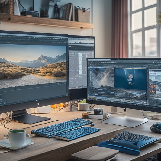 A split-screen image featuring a cluttered, chaotic video editing workspace on one side, and a clean, organized workspace with a few high-end cameras and a large, sleek computer monitor on the other.