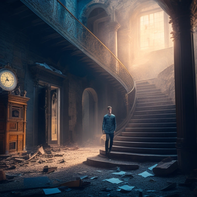 A surreal illustration of a person standing in front of a broken, crumbling staircase leading to a distant, glowing light, surrounded by scattered, torn pieces of paper and shattered clocks.