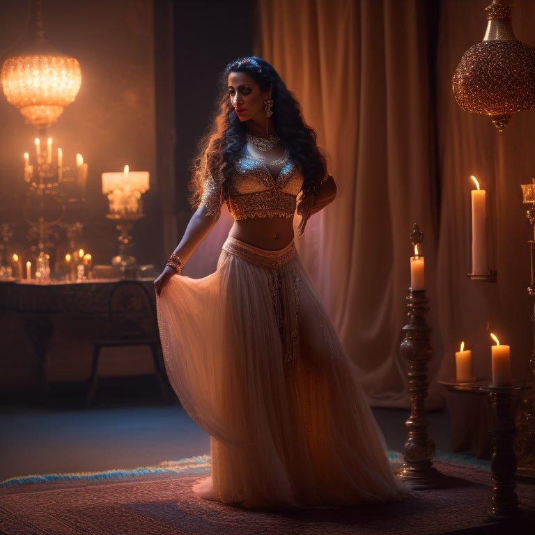 A serene, dimly lit dance studio with a beautiful, curvaceous woman in a flowing, embroidered skirt, surrounded by candles, flowers, and shimmering fabrics, lost in a sensual belly dance movement.