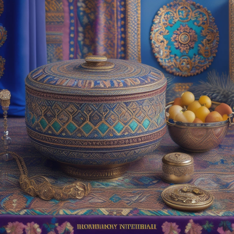 A vibrant, whimsical illustration featuring a doumbek drum surrounded by swirling patterns of intricate Middle Eastern-inspired motifs, amidst a backdrop of shimmering fabrics and ornate jewelry.