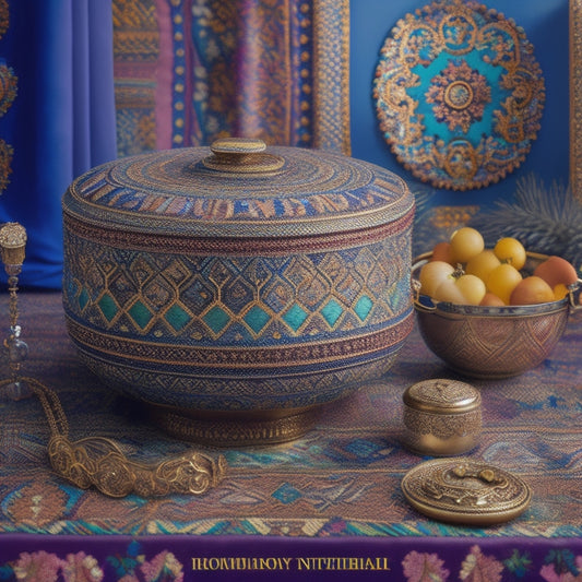 A vibrant, whimsical illustration featuring a doumbek drum surrounded by swirling patterns of intricate Middle Eastern-inspired motifs, amidst a backdrop of shimmering fabrics and ornate jewelry.
