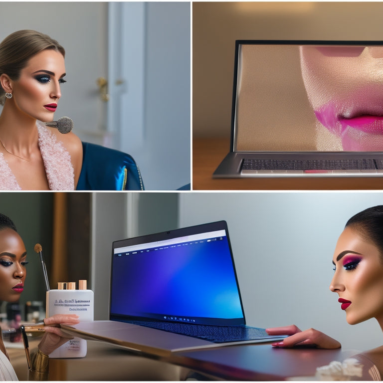 A split-screen image featuring a laptop on the left with a YouTube video of a makeup artist applying dance-inspired makeup, and on the right, a beginner attempting to recreate the look in front of a vanity with various makeup products scattered around.