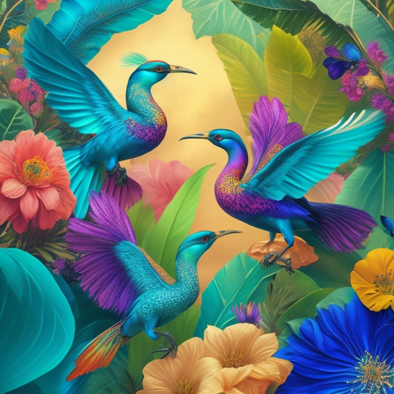 A vibrant, whimsical illustration of a Birds of Paradise dance party: iridescent feathers, curved beaks, and outstretched wings amidst swirling tropical flowers, leaves, and misty clouds in shades of emerald, sapphire, and amber.