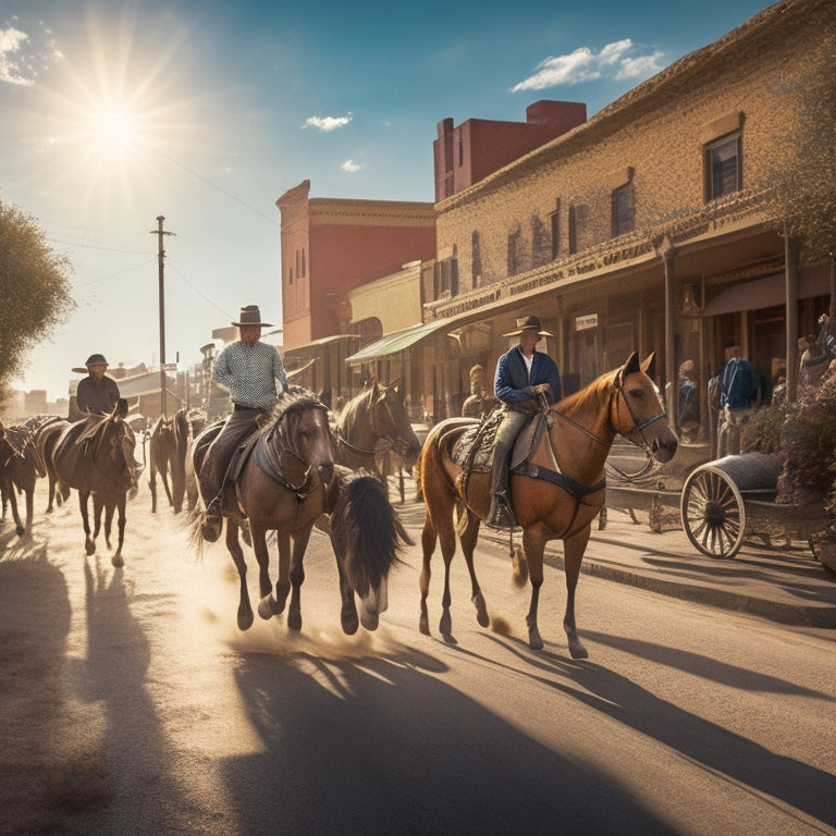 A sun-drenched, dusty main street scene with cowboy-hat-wearing kids riding stick horses, surrounded by tumbleweeds, bandannas, and a majestic, saddled horse in the background.