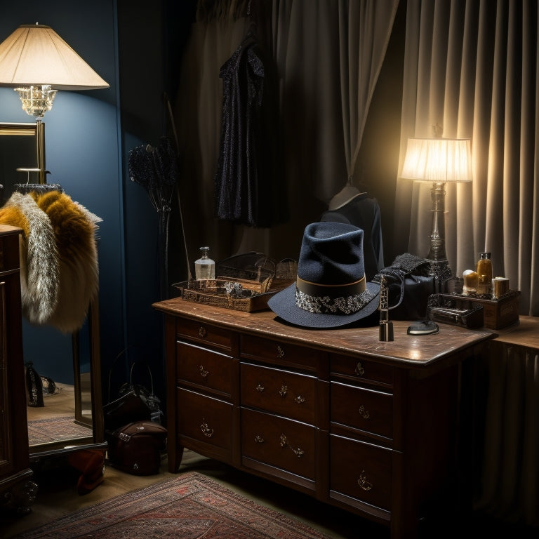 A backstage dressing room scene with a vanity, costume racks, and a garment steamer, illuminated by soft, warm lighting, with a few carefully placed costume pieces and accessories, such as a top hat, gloves, and a feather boa.