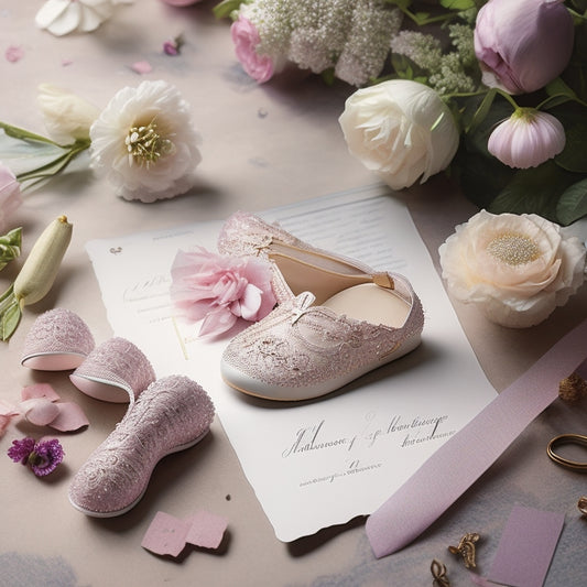 A whimsical illustration featuring a delicate, lace-trimmed ballet slipper surrounded by scattered, intricately designed dance cards with floral patterns and soft, pastel colors.