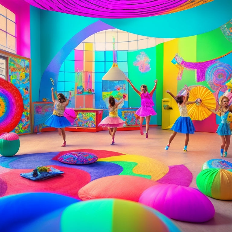 A whimsical illustration of a vibrant classroom where students' doodles come to life as colorful, swirling dance movements, merging art and motion, with pencils and crayons transformed into dynamic dance props.