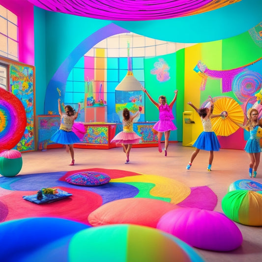 A whimsical illustration of a vibrant classroom where students' doodles come to life as colorful, swirling dance movements, merging art and motion, with pencils and crayons transformed into dynamic dance props.